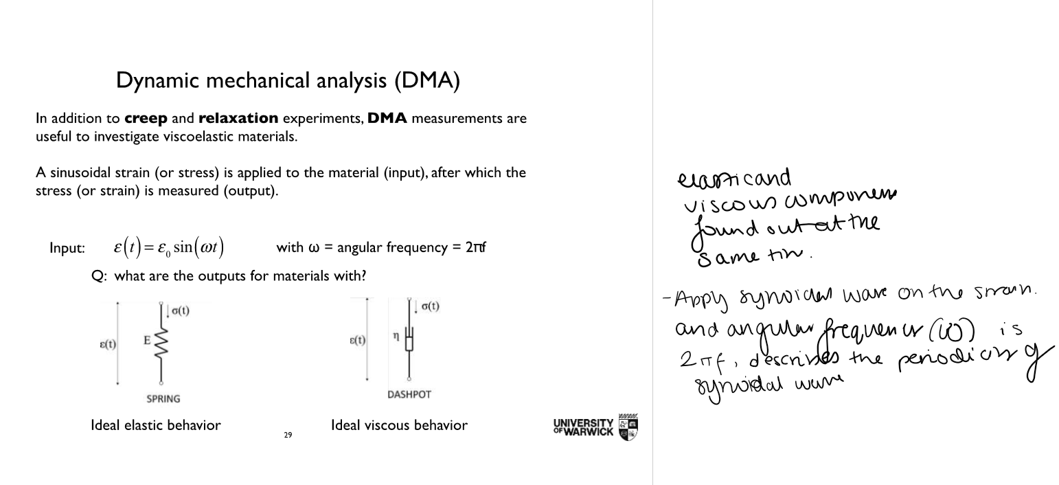 <p>dynamic mechanical analysis, measure to see how useful viscoelastic materials are. a stress/strain is applied to a material after which the opposite strain or stress is measured</p>