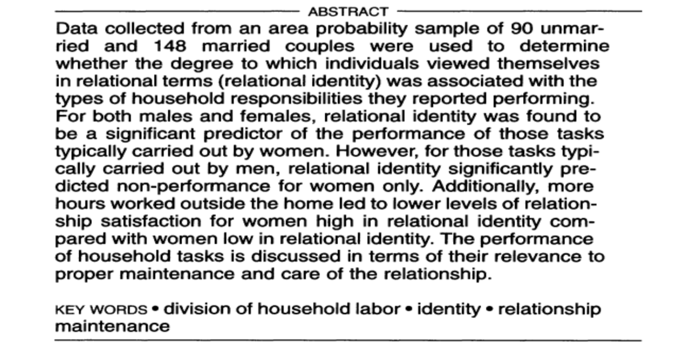 <p>-if you have high interdependent construal, you seek relationships</p><p>-if you have high independent construal, you seek solidarity</p><p>-for both males and females, relational identity was found to be a significant predictor of the performance of those tasks typically carried out by women</p>