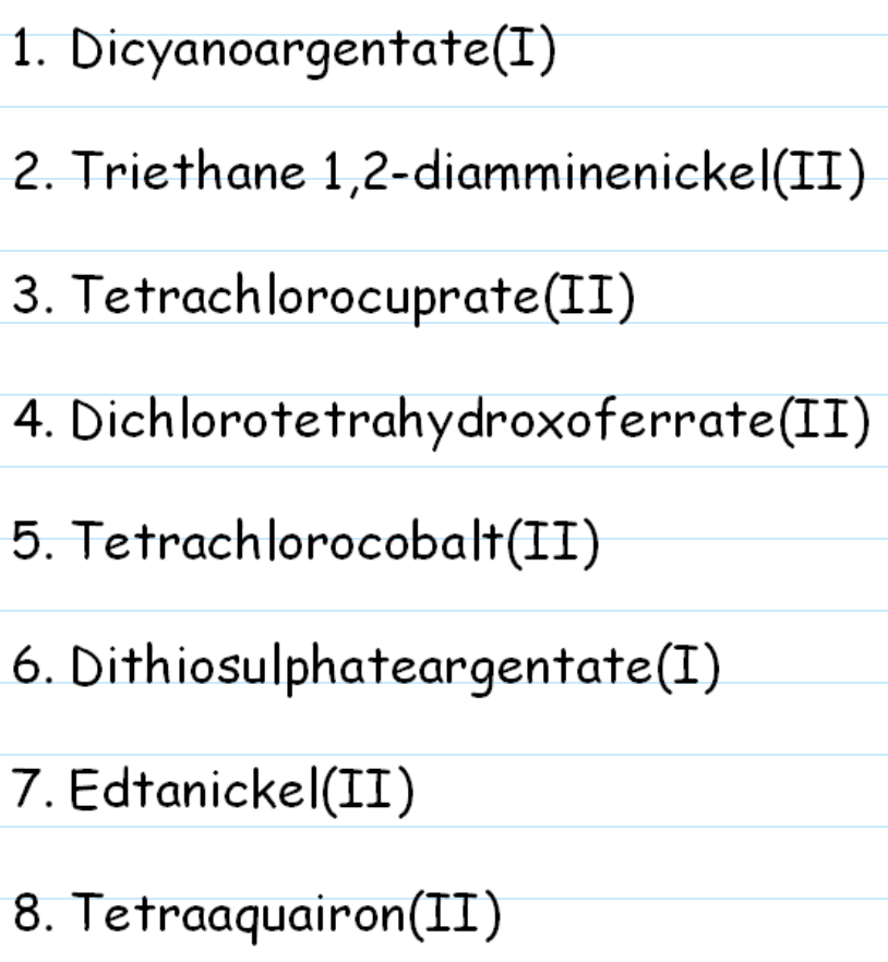 <p><span>What are the formulas for the following named complexes?</span></p>