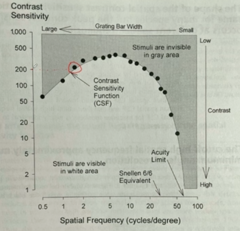 <p>Look at the circle point located on the human contrast sensitivity function. What spatial frequency was measured?</p>