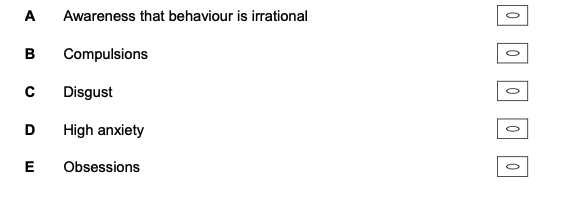 <p>Psychopathology: Which <strong>two</strong> of the following are cognitive characteristics of obsessive compulsive disorder (OCD)?</p><p class="p1">Choose <strong>two</strong> from the options <strong>A</strong>, <strong>B</strong>, <strong>C</strong>, <strong>D</strong> and <strong>E</strong>.</p><p class="p1"><strong>[2 marks]</strong></p>
