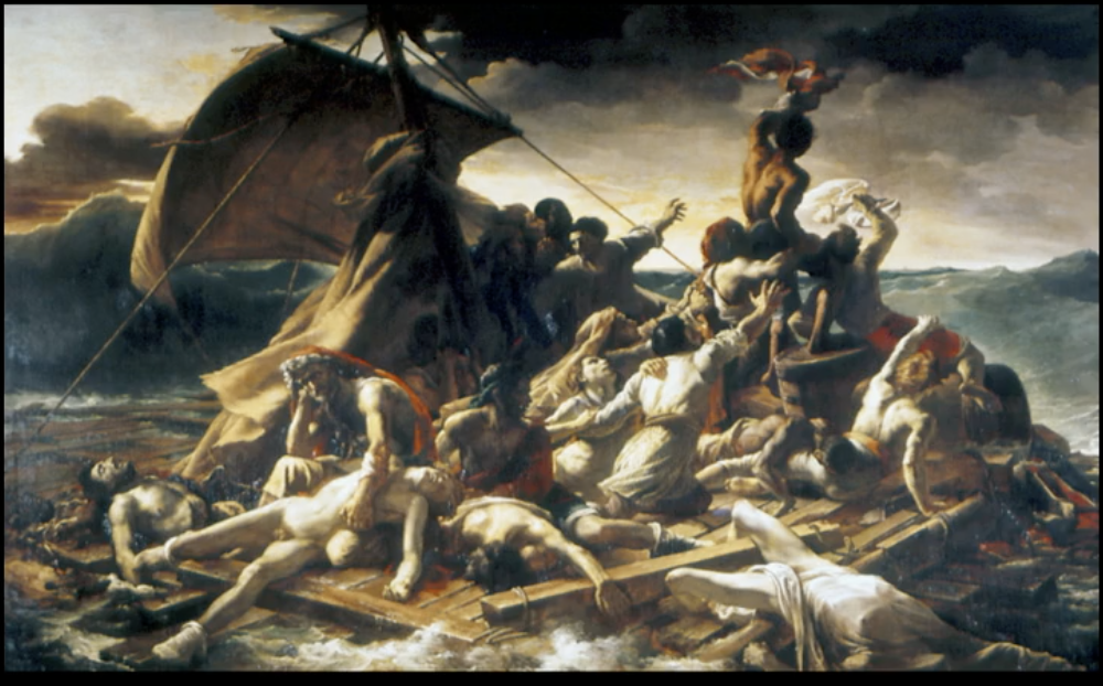 <ul><li><p>only about 250 of 400 people could fit into the lifeboats. Only 150 set adrift but only 15 people survived (BY CANNABALISM)</p></li><li><p>SUBLIME: tragic story; cannabalism</p></li><li><p>let romantic artists pose as tragic victims</p></li><li><p>Celebrated as heroes, journalist interview</p><p>● Antihero (cannibalism) sublime (they ate each other)</p><p>● Life-size scale</p><p>● Full-scale rafts built and models got body parts from the morgue</p><p>● Parallel viewer's vantage point</p></li><li><p>did PREPARATORY STUDY of corpses for painting</p></li></ul><img src="https://assets.knowt.com/user-attachments/579d7c99-a4a5-4c02-84c2-c07c19f41fbc.png" data-width="100%" data-align="center"><p></p>