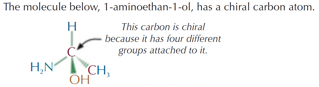<p>4 different atoms/functional groups attached to one carbon atom (chiral carbon)</p>