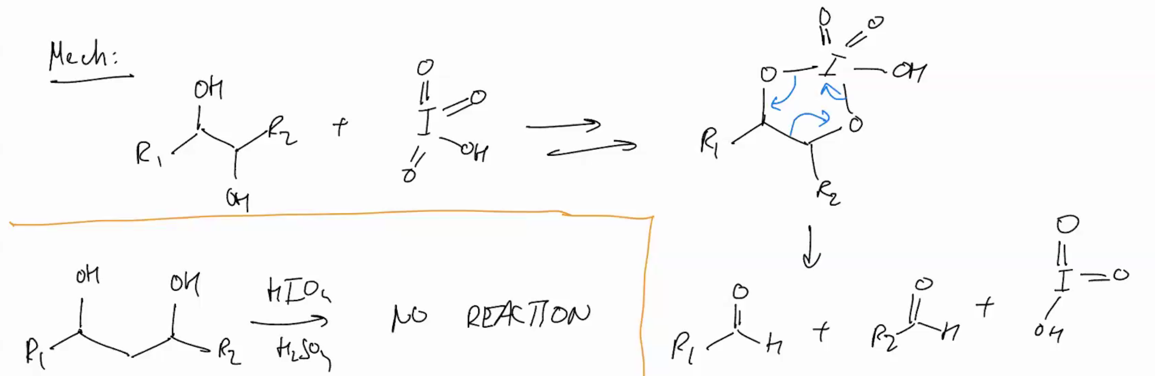 <p>not on exam yay<br>HiO4<br>H2sO4<br>only works an adjacent OH’s</p>