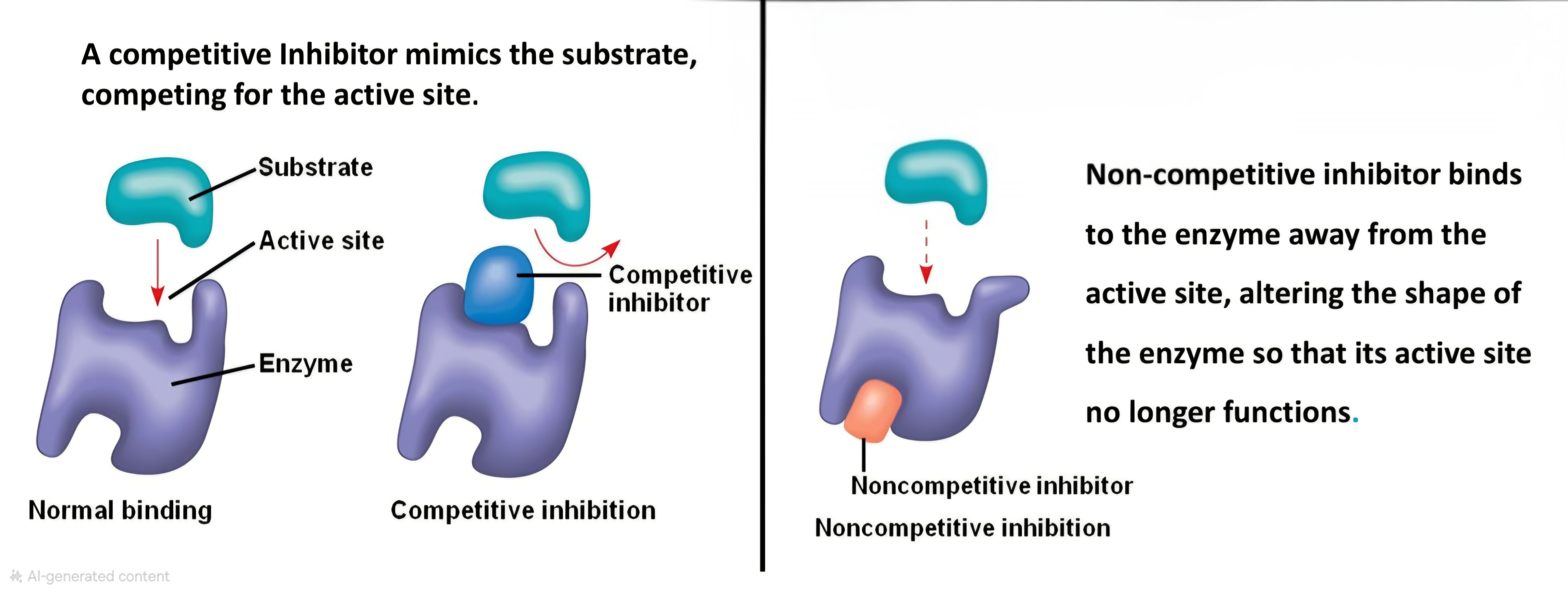 <p><strong>Two </strong>types:</p><ol><li><p>Competitive Inhibitors</p></li></ol><ul><li><p>Bind to active site on enzyme, <strong><em>competing</em></strong> with the substrate</p></li></ul><ol start="2"><li><p>Non-Competitive Inhibitors (also called allosteric regulation)</p></li></ol><ul><li><p>Bind to another part of an enzyme, causing the enzyme to change shape and make the active site less effective</p></li></ul><p></p>