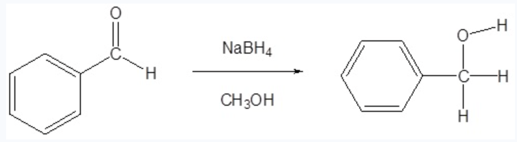 <p>Using NaBH4, we can reduce the carbonyl group of an aldehyde or ketone. Will remove the double bond and make the oxygen an alcohol </p><p>Reagents: NaBH4, CH3OH ( OR ) LiAlH4, H2O </p>