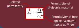 <ul><li><p>The ratio of the permittivity of a material compared to the permittivity of free space (a vacuum)</p></li><li><p>Different dielectrics have different relative permittivity’s</p></li></ul><p></p>
