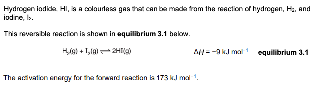 <p><strong>When the reverse reaction takes place hydrogen iodide, HI, decomposes to form iodine and hydrogen. Calculate the enthalpy change when 336 dm3 of hydrogen iodide, measured at room temperature and pressure, decomposes. Include the sign for enthalpy change in your answer (2 marks)</strong></p>