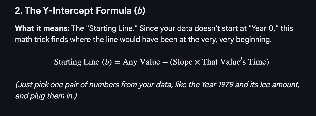 <p><strong>any value - (slope x the value’s time)</strong></p>