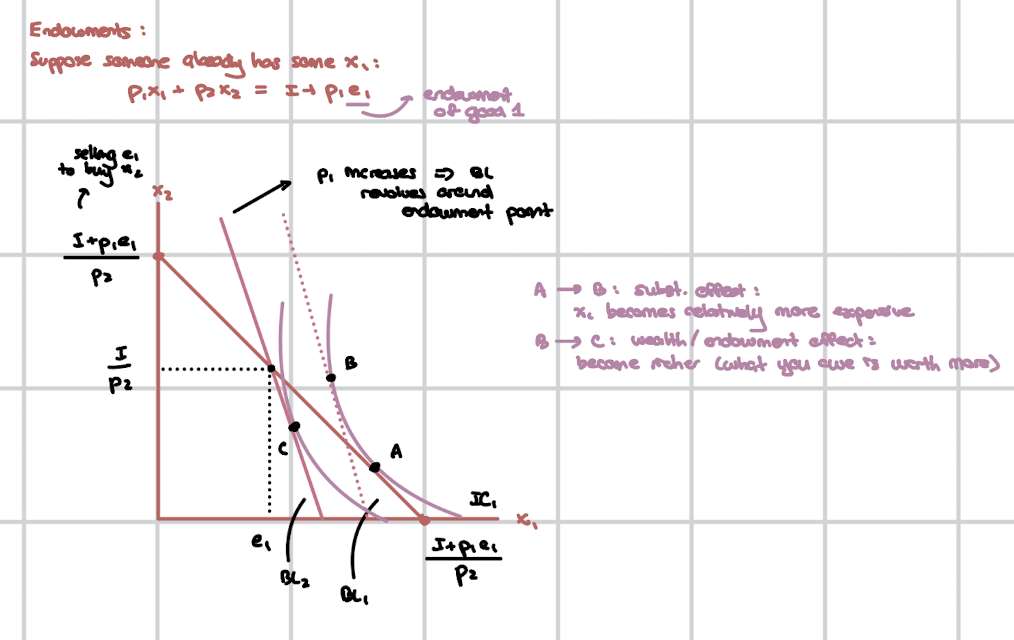 <p>If p<sub>1</sub> Increases:</p><ul><li><p>Substitution Effect (A → B): x<sub>1</sub> becomes relatively more expensive, so consume less x<sub>1</sub></p></li><li><p>Wealth / Endowment Effect (B → C): the rise in price of x<sub>1</sub> makes you wealthier, because you own it</p></li></ul><p></p><p>Budget line always rotates around the endowment point (e<sub>1</sub>, _)</p><ul><li><p>At the endowment bundle, you are not trading, so price changes do not affect your ability to consume that exact bundle. </p></li></ul><p></p><p>Net Buyer (x<sub>1</sub> > e<sub>1</sub>) → price increase makes you worse off → wealth effect reduces consumption.</p><p></p>