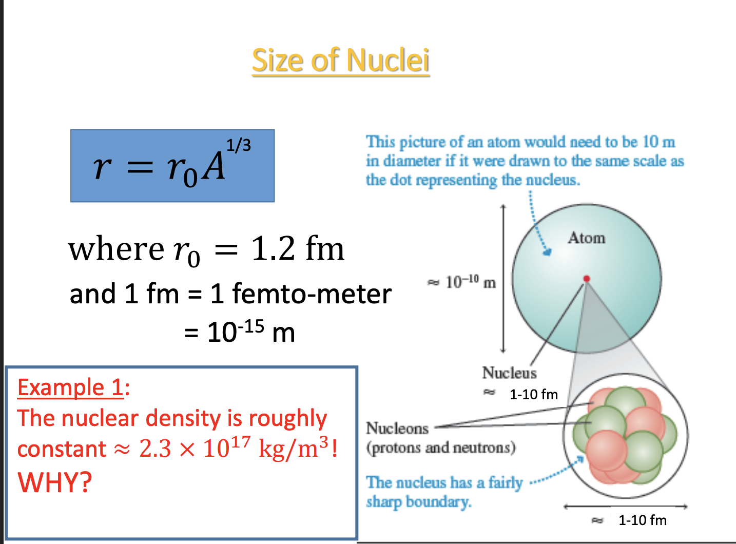 <p>-where 𝑟0 = 1.2 fm and 1 fm = 1 femto-meter = 10-15 m</p><p>-most of an atom is empty space (why a photon would fly right through); nucelus small in comparison but very dense</p><p>-nucleus more dense than anything but a black hole, why need a lot of energy to hold the nucelus together; protons and nutreons packed tightly together</p>