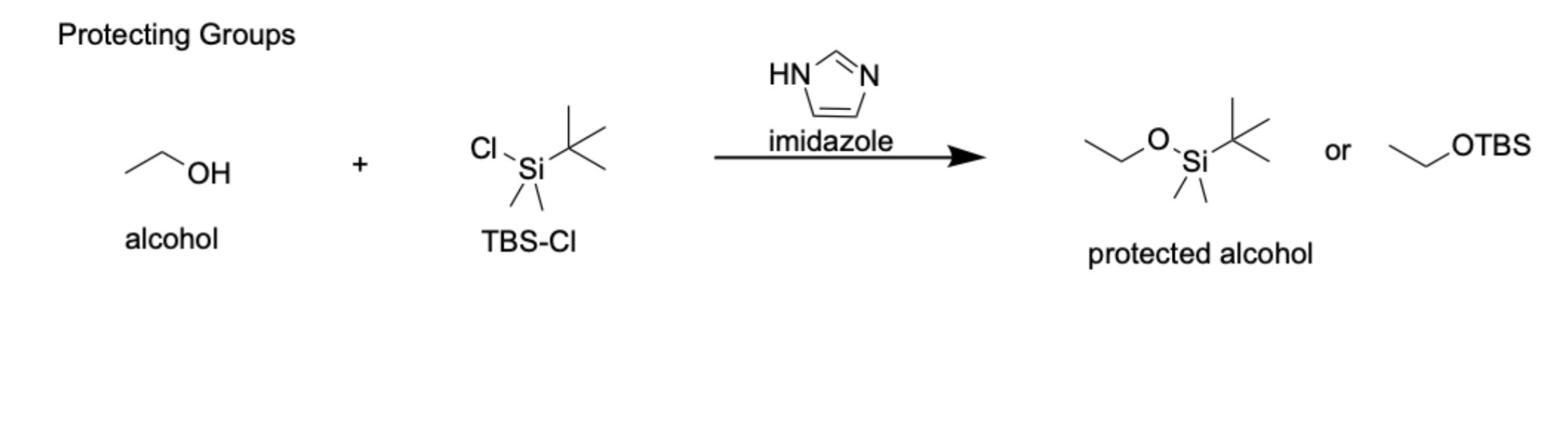 <p><strong>Alcohol + TBS-Cl → Protected Alcohol</strong></p><p></p><p>-Carry Out Nucleophilic Addition using CH3MgCl for OTHER FUNCTIONAL GROUP followed by protonation</p>