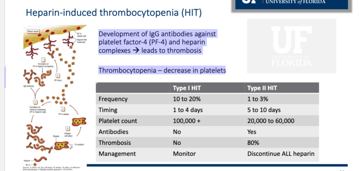 <p>• Development of IgG antibodies against platelet factor-4 (PF-4) and heparin complexes → leads to thrombosis</p><p>• Thrombocytopenia – decrease in platelets (but still causes a hypercoagulable state)</p><p>• Type II HIT is worse than Type I and requires discontinuing ALL heparin </p><p>• Can use fondaparinux and DTI (argatroban is the drug of choice) </p>