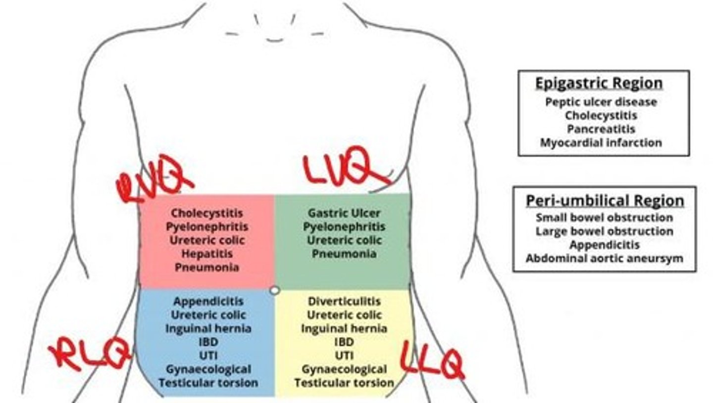 <p>Pain in the right upper quadrant of the abdomen.</p>