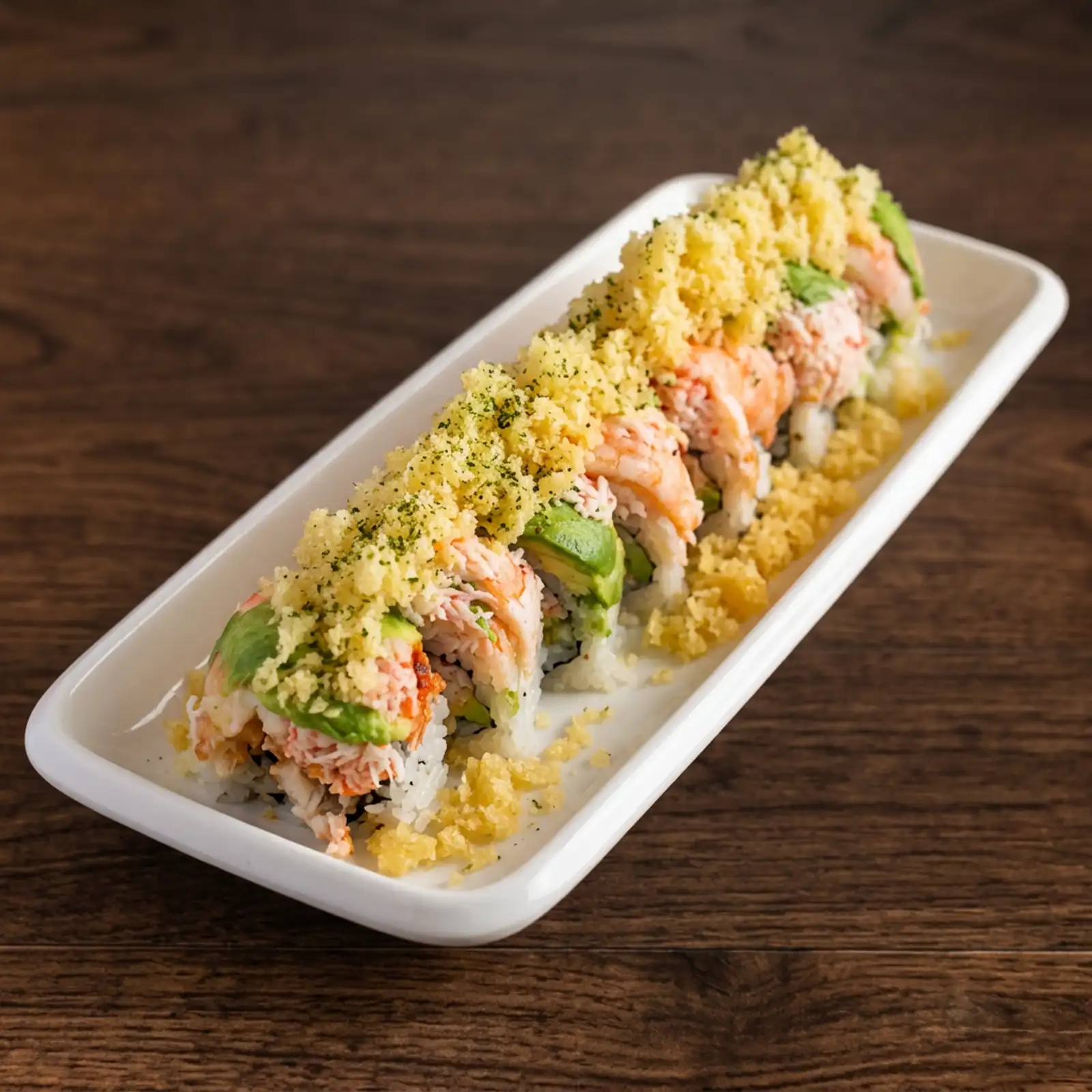 <p>eel, avocado, bonito powder, tempura flakes, spicy steamed crab, and shrimp</p><p>8 pcs</p>