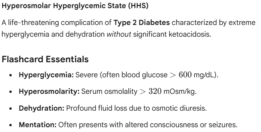 <p>Unlike DKA, there is enough circulating insulin to prevent the breakdown of fats into ketones, so acidosis is absent (pH stays > 7.30)</p>