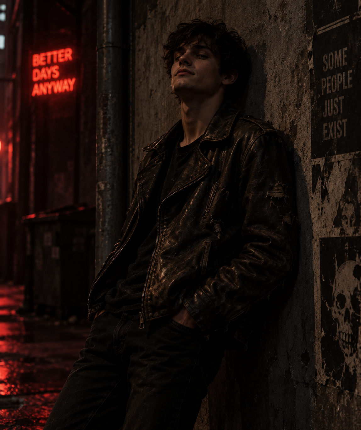 <p>A character dressed in a tattered leather jacket, leaning against a wall with a smirk and hands jammed deep into pockets</p>