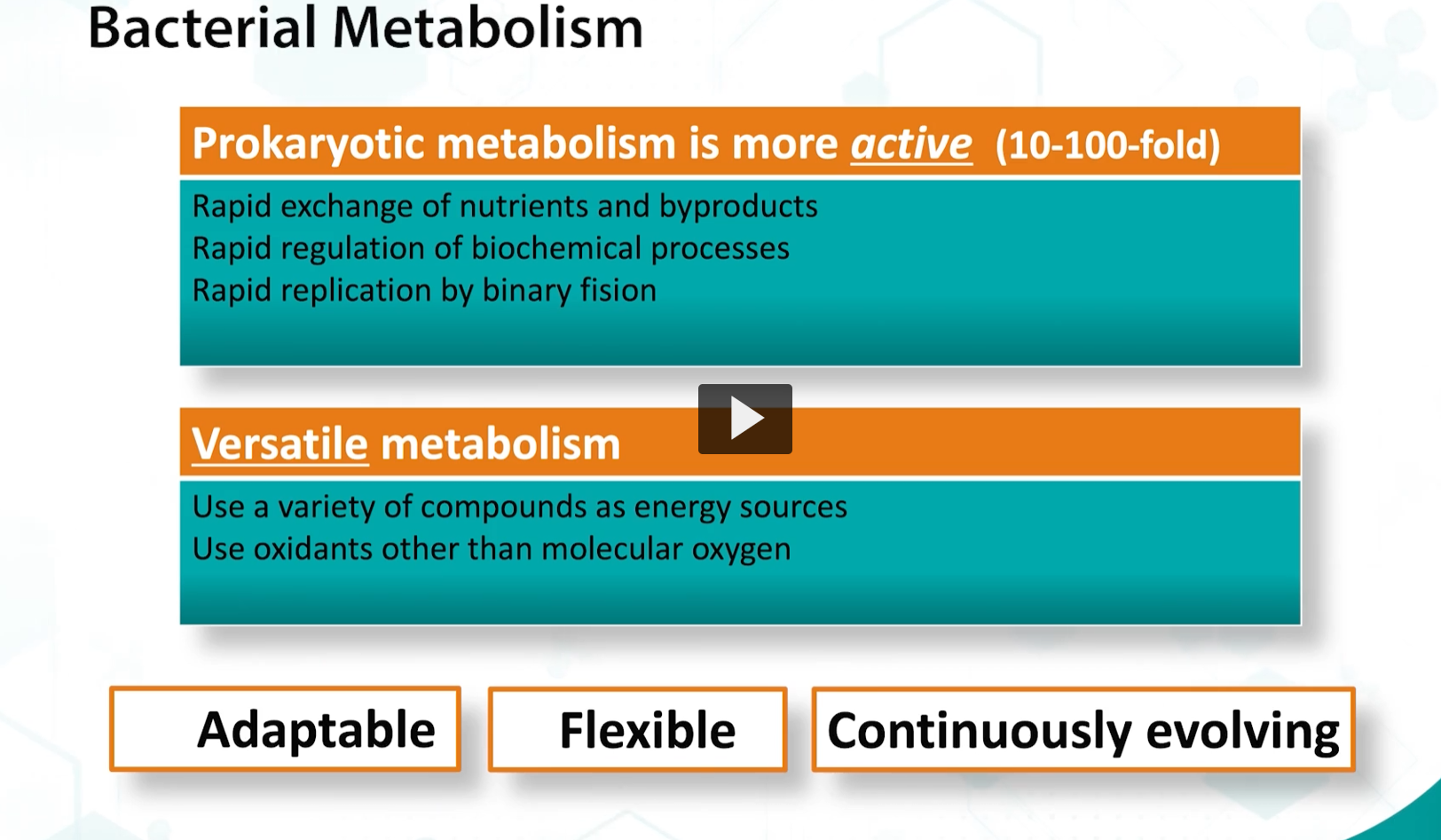 <p>energy is generated by substrate oxidation. </p><p>The substrates for oxidation include sugars, lipids, and proteins. </p><p>Energy generated is stored in high energy compounds, such as ADP, ATP, and acetyl-CoA. </p><p>It is important to know that enzymatic reactions that support life processes are VERY SIMILAR in prokaryotic and eukaryotic cells. </p>