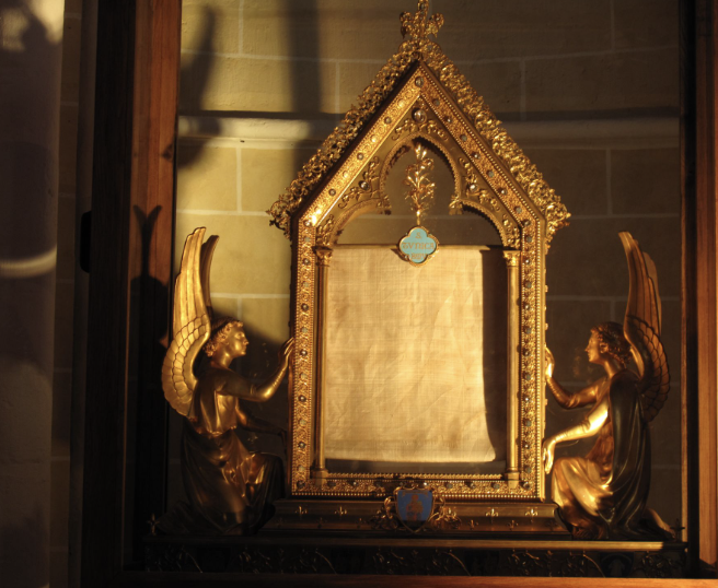 <p>supposedly has Mary’s tunic that she wore when giving birth to Jesus</p><p>when the og building burned down the tunic did not so they rebuilt a bigger and better cathedral</p>