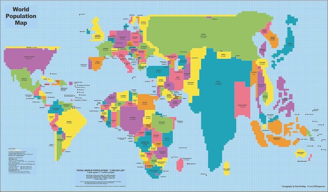 <p>a map that distorts the geographic shape of an area in order to show the size of a specific variable; the larger the area on a cartogram, the larger the value of the underlying variable</p>