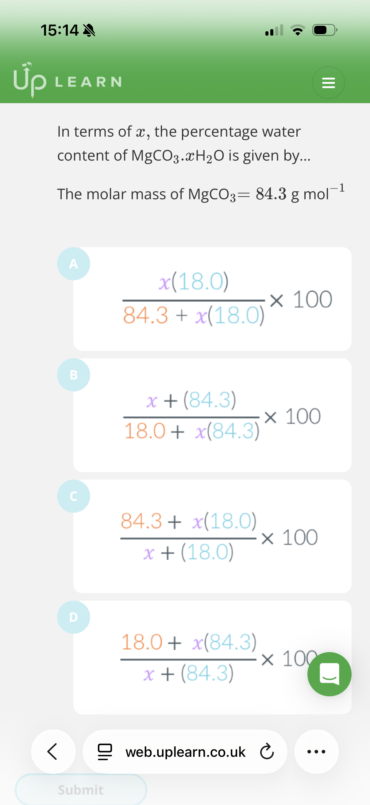 <ol><li><p><span>The molar mass of CUSO4 is 159.6 g mol-1</span></p><p>molar mass of H2O is 18.0 g mol-1</p></li><li><p>62.9%</p></li><li><p>A</p></li></ol><p></p>