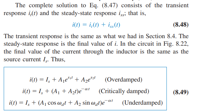 <p>Like with all previous cases, the final response of the current through the inductor in a series of parallel RLC elements is given by the sum of the transient response and the steady-state value. </p><p></p><p></p>