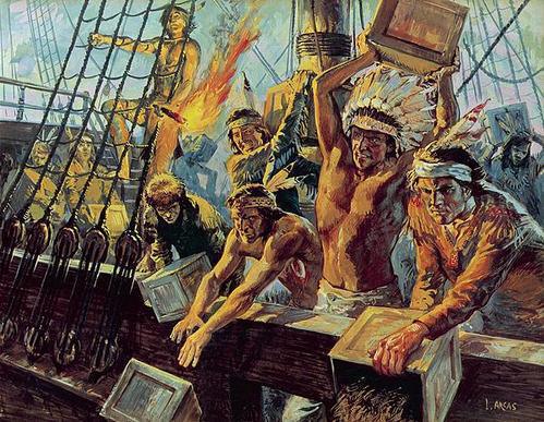 <p>In 1773, colonists disguised as Mohawks dumped tea from the British East India Company into the Boston Harbor.</p>