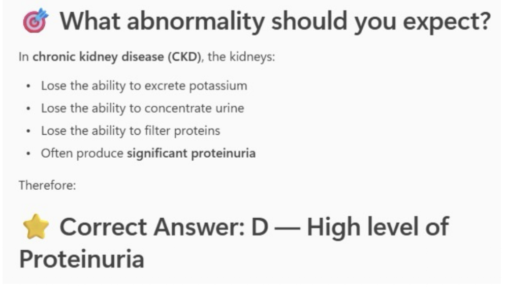<p>D - High level of Proteinuria</p>