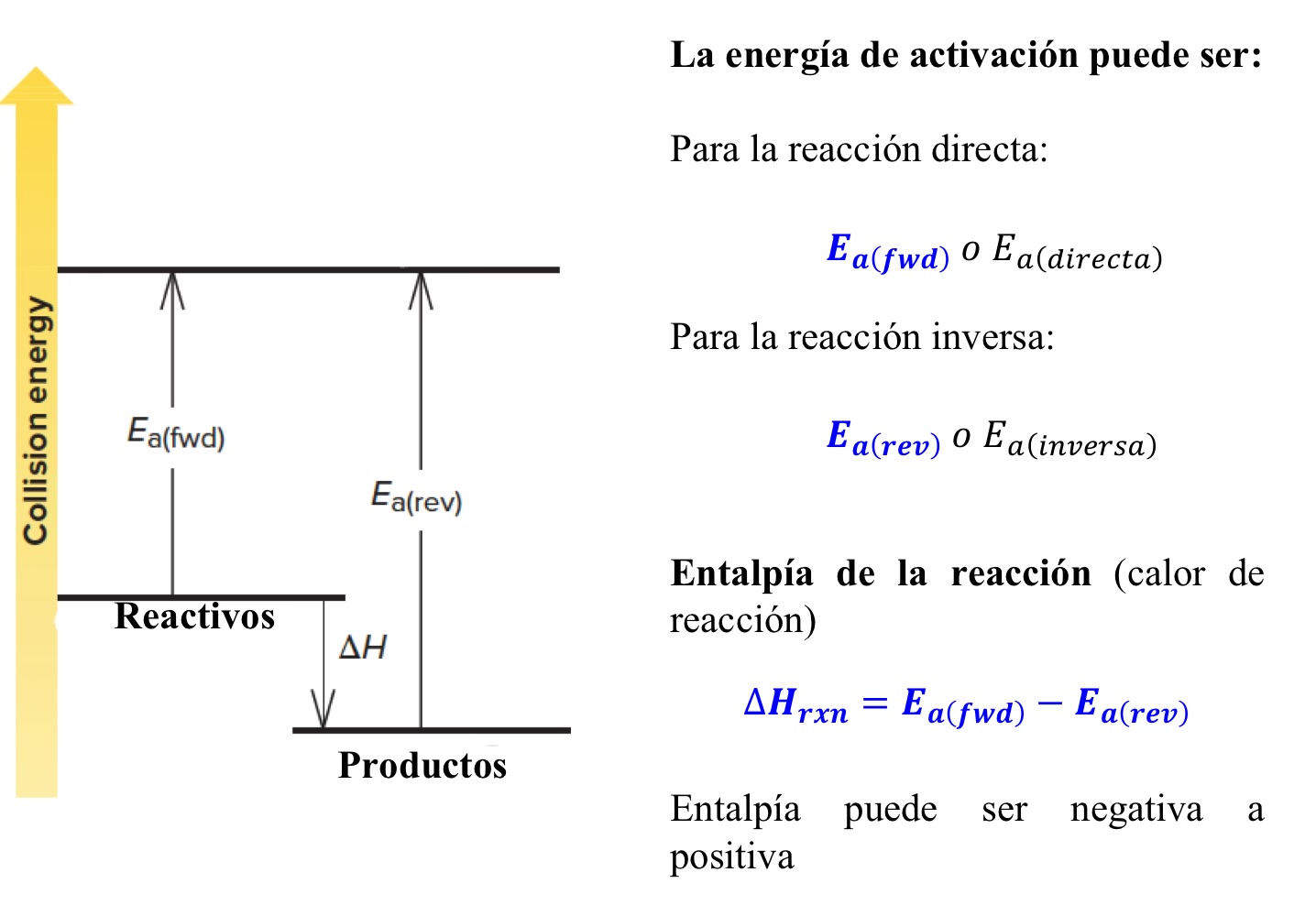 <p>Existen dos <strong>factores </strong>que controlan las</p><p><strong>colisiones efectivas</strong>:  </p><p><span style="font-family: Wingdings; line-height: normal; font-size: 12.6px;"> </span><strong>Energía de Activación (Ea): </strong><span><strong>Es la</strong></span></p><p><strong>energía que deben superar para reaccionar las moléculas que colisionan</strong>. Si las moléculas colisionan</p><p>con suficiente energía se alcanza un</p><p><strong>estado activado </strong>del cual se pueden</p><p>formar los <strong>productos de reacción</strong>. Si</p><p>la energía no es suficiente, los reactivos</p><p>no pasan a productos.</p><p><span style="font-family: Wingdings; line-height: normal; font-size: 12.6px;"> </span><strong>Orientación de las moléculas</strong><span>: Los</span></p><p>átomos de los reactivos que van a formar los enlaces nuevos en los productos de la reacción deben hacer contacto entre ellos durante la colisión.</p>