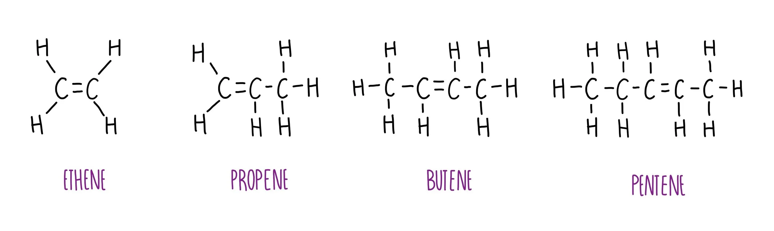 <p>Unsaturated (has double bond), <span style="background-color: transparent;">C<sub>n</sub>H<sub>2n</sub></span></p>