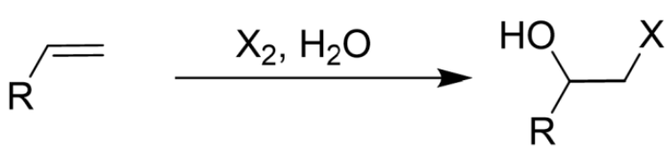 <ul><li><p>Only Br2/Cl2</p></li><li><p>Makes Halonium Ion as Intermediate</p></li><li><p>Anti Addition</p></li><li><p>Markovnikov’s</p></li><li><p>OH Group Attack More Substituted Side</p></li></ul><p></p>