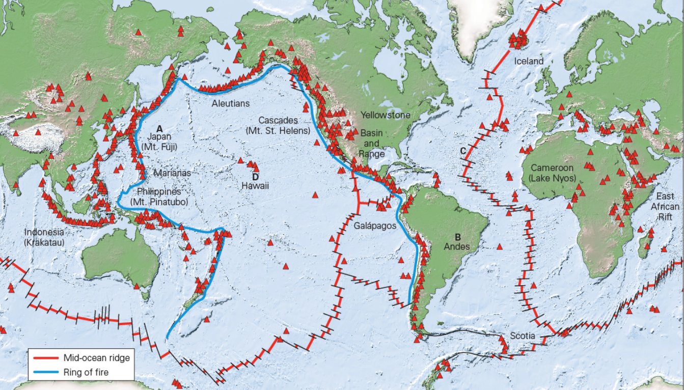 <p><span>The image below shows the distribution of volcanoes around the world. At which location marked on this map would you expect to find hotspot volcanism?</span></p>