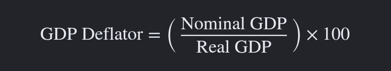 <p><span style="background-color: transparent;">The <strong>GDP Deflator</strong> is a price index that measures the changes in prices for all the goods and services produced domestically. It is used to convert Nominal GDP into Real GDP using the formula:</span></p><p></p>