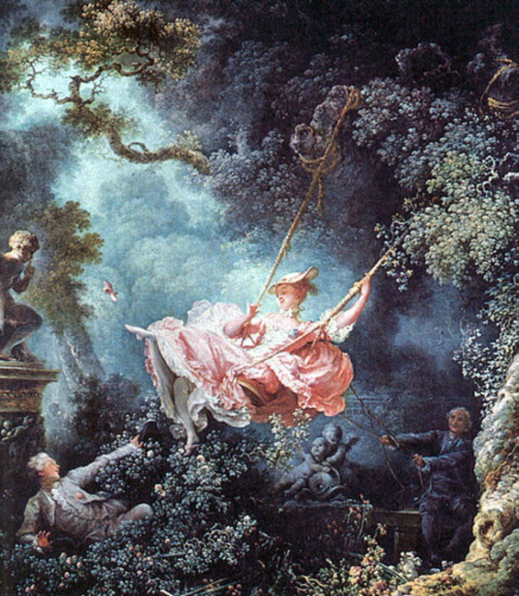 <p>- Fragonard</p><p>-Rococo Art</p><p>- engaged in leisure</p><p>- Standard of Beauty, cosmetics, small waists, and feet</p><p>-everything is soft and ornamental </p><p>- Ornament</p><p>- Schemata</p>