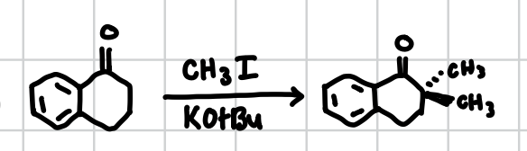 <p>Will replace least sterically hindered ⍺-hydrogens with methyl groups. Will also work if the carboxyl is in resonance. </p><p>Reagents: CH3I, KOtBu</p>