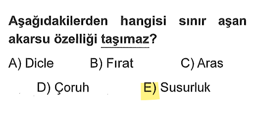 <p>Dicle ve Fırat (Irak/Suriye), Aras (Ermenistan/Azerbaycan), Çoruh (Gürcistan) sınır aşar. <strong>Susurluk</strong> ise Güney Marmara'dadır ve tamamen Türkiye sınırları içinde kalır.</p>