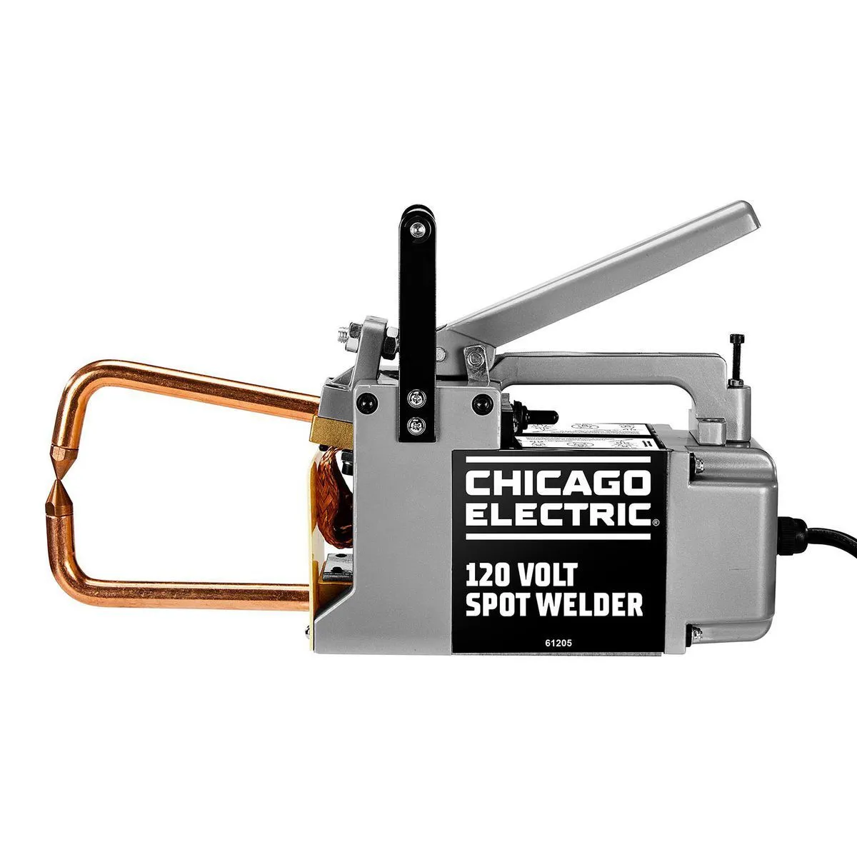 <p>Stationary or pedestal-mounted resistance welding machine with two copper electrode tips that clamp overlapping sheet metal and apply pressure and electrical current to form localized weld spots.</p>