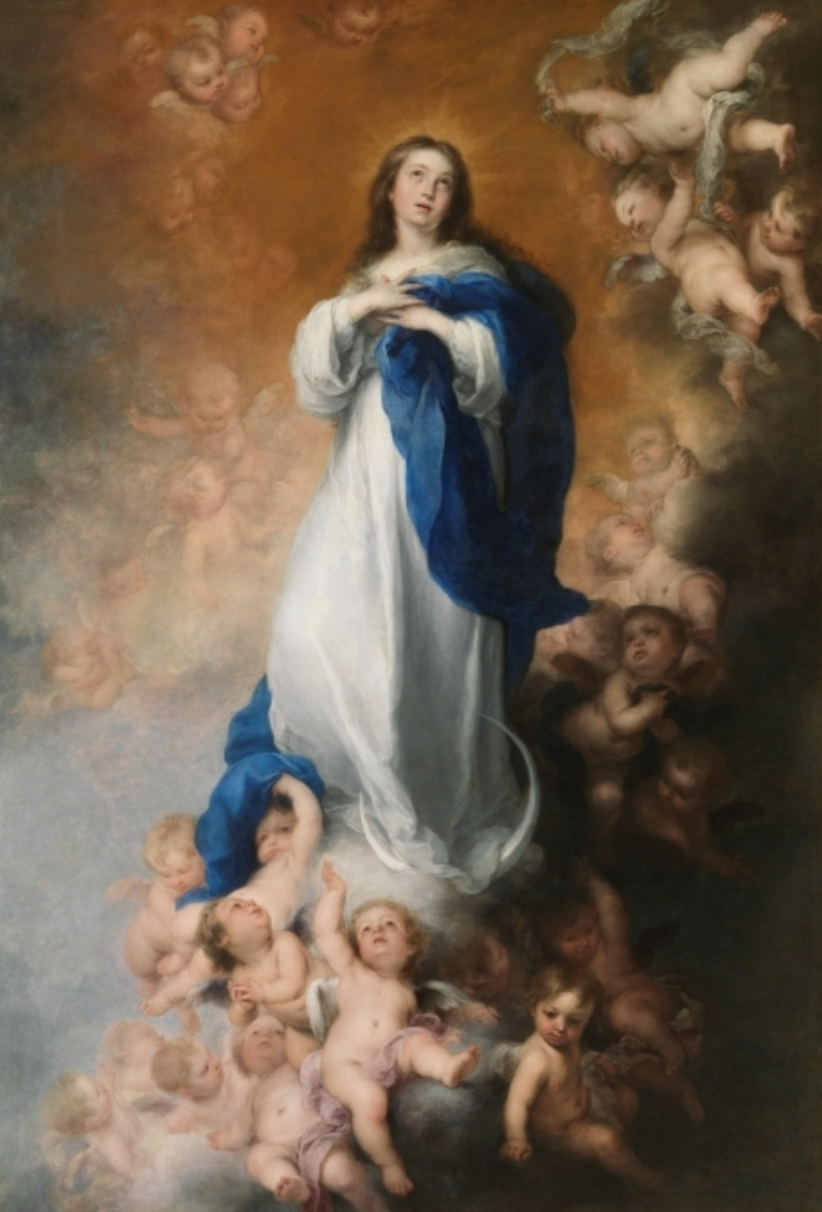 <p>Iconography in Spanish art refers to the study, identification, and interpretation of the visual symbols, subjects, and themes commonly used in Spanish artistic works to convey deeper meanings.</p><ul><li><p>Seville → (We will also see Iconography, popular cultures in America, coming back to Spain as well)</p></li><li><p>Murillo’s <em>Immaculate Conception → </em>Solidified iconography of this dogma</p></li></ul><p></p><p>(Murillo, Immaculate Conception (of Soult)</p>