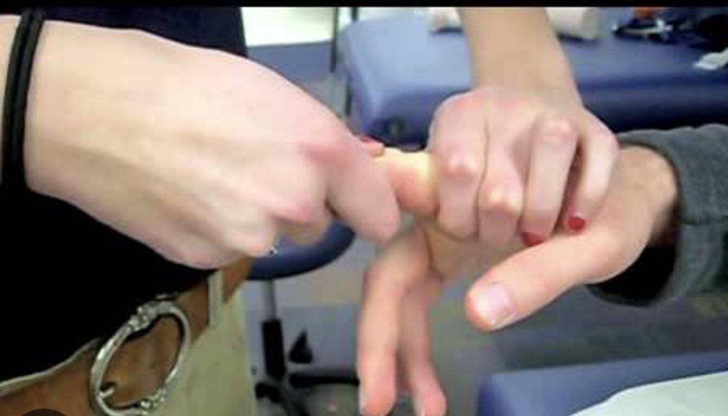 <p>Patient sitting/standing with forearm resting on table &amp; affected finger extended</p><p>--examiner holds distal phalanx &amp; applies compression DOWN</p><p>Positive Test = Fracture</p><p>--pain at the injury site</p>