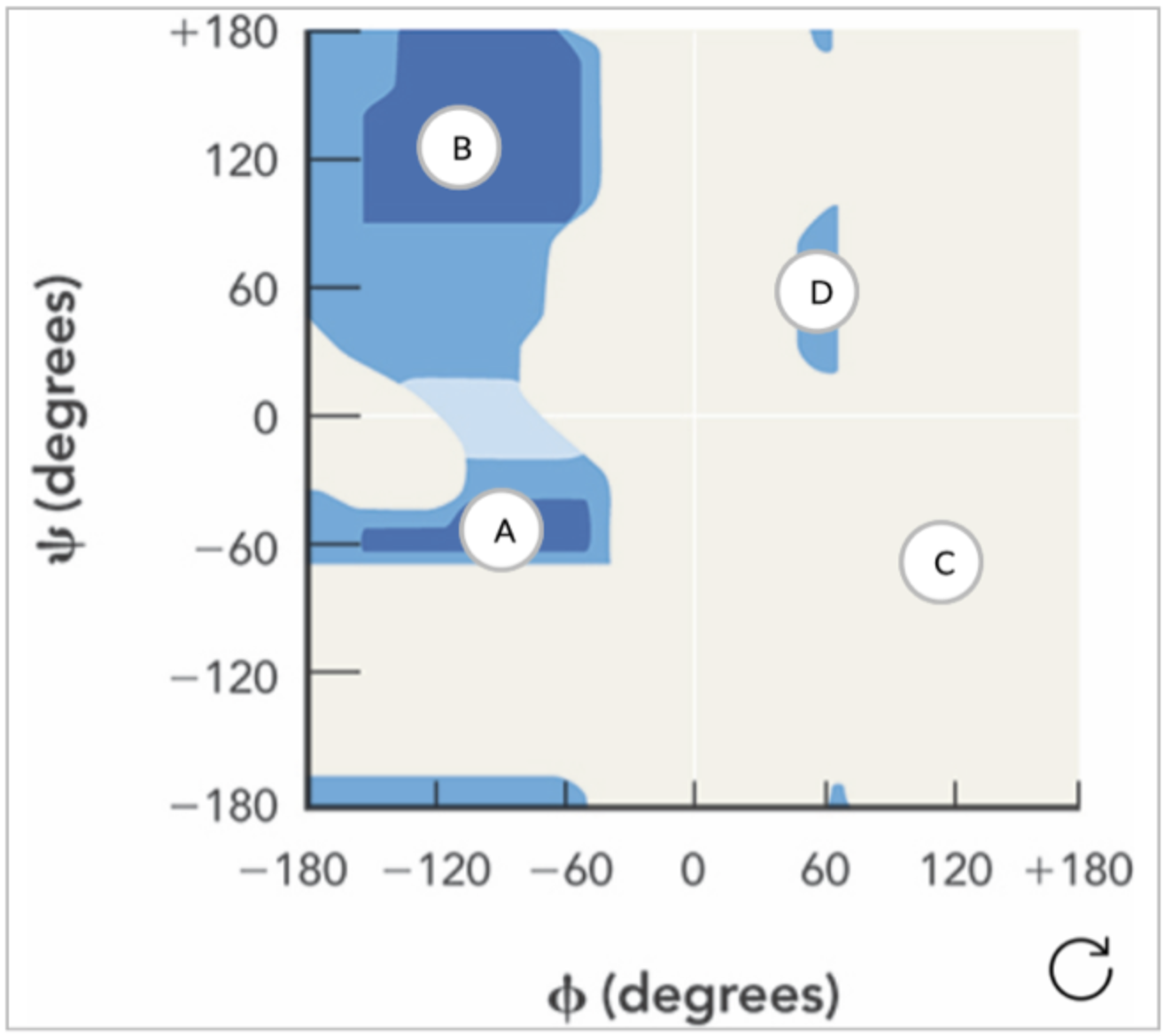 <p>On a Ramachandran plot which region corresponds to phi and psi angles for a beta sheet?</p>