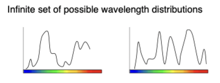 <ul><li><p>Human vision measures only 3 values, one for each cone</p></li><li><p>Your brain only knows what the cones tell it </p></li><li><p><strong>non-invertible</strong>: can’t recover the wavelength distribution</p></li></ul><p></p><p> </p><ul><li><p><span>Colour is noninvertible cannot work way backward</span></p></li><li><p><span>Only information I have access to is how much of a response I have from each cone type, I can't solve backwards and figure out what kind of spectrum produced that pattern of responses</span></p></li></ul><p></p>