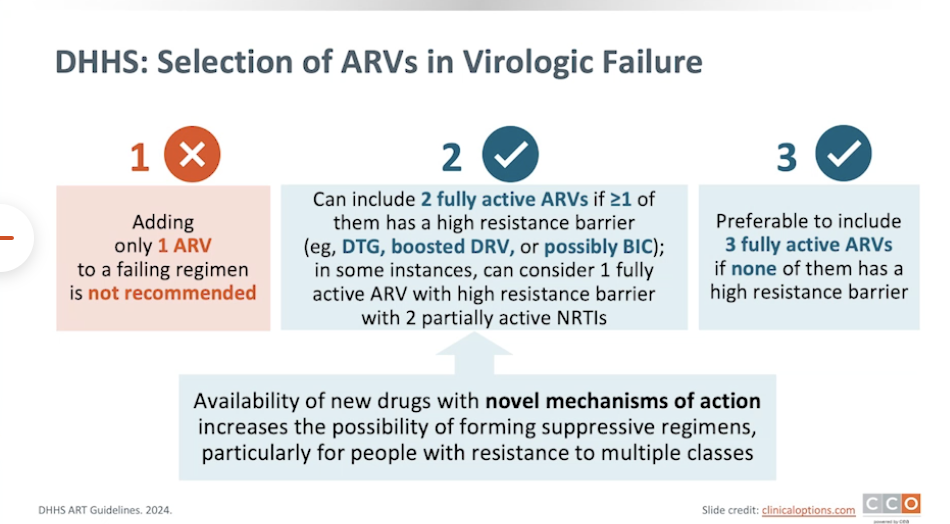 <p>TWO fully active drugs are OK as long as one of them has a high resistance barrier (DTG, BIC or boosted DRV). + 3rd partial or inactive drug.</p><p></p><p>In some instances, can consider 1 fully active agent with a high resistance barrier + 2 partially active NRTIs</p>