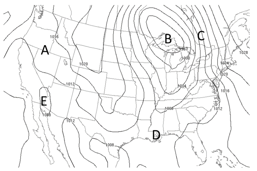 <p>At what point on the map would you find the largest pressure gradient and strongest winds?</p><p>(Sea Level Pres [hPa])</p>