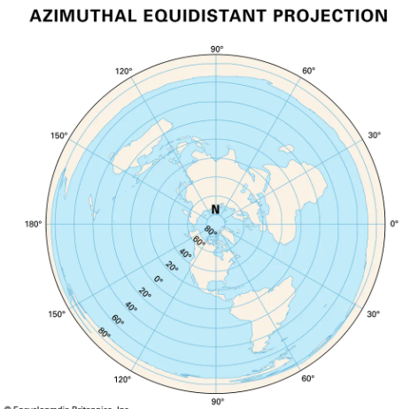 <p>A projection type used when the map has equal extent in all directions; a point is tangent to the globe with longitude lines radiating outward from that point.</p>