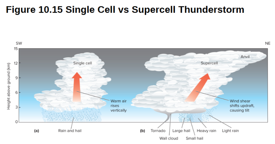 <p>These are violent sever thunderstorms with huge updrafts<br>20 to 50km rotating mass or <strong>mesocyclone</strong><br><strong>Vortex</strong> is rotating updraft about vertical axis</p>