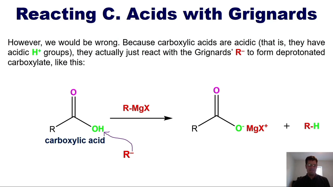 <p>Due to the fact that carboxylic acids are acidic, they would react with the R on the grignard to form the deprotenated carboxylate and the R attached to an H </p>