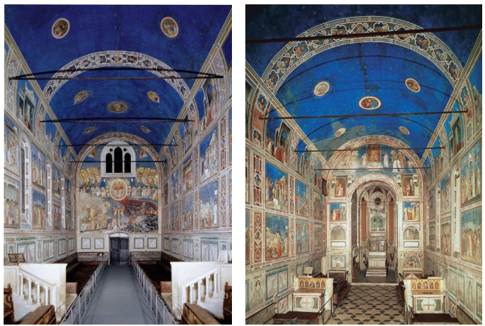 <p>Giotto Di Bondone,  Padua, Italy, 1305–1306</p><p>-More human</p><p>-More spatially realistic</p><p>-More emotionally expressive</p><p>-More story-driven </p><p>Lapizid blue shows the wealth as well.</p><p></p>