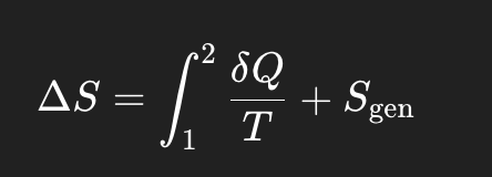 <ul><li><p>First term: entropy transfer with heat</p></li><li><p>Sgen : entropy generated due to irreversibilities (friction etc.) </p></li><li><p><strong>Reversible: Sgen = 0</strong></p></li><li><p><strong>Irreversible: Sgen > 0</strong></p><ul><li><p><strong>system entropy stays same but change in entropy of surroundings changes</strong></p></li></ul></li></ul><p></p>