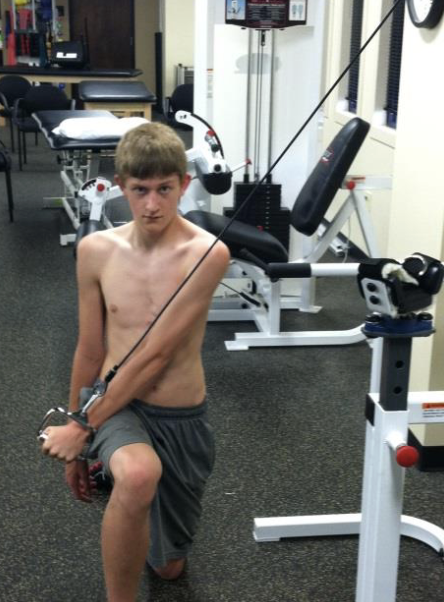<p>Involved hand will grip tubing handle overhead and out to the side. Pull tubing down and across your body to the opposite side of leg. During the motion, lead with your thumb</p>