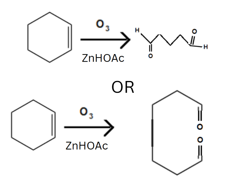 <p>Product: Find the <strong>double bond</strong>, <strong>Cut it, </strong>Put an <strong>oxygen (=O)</strong> on each carbon.</p>